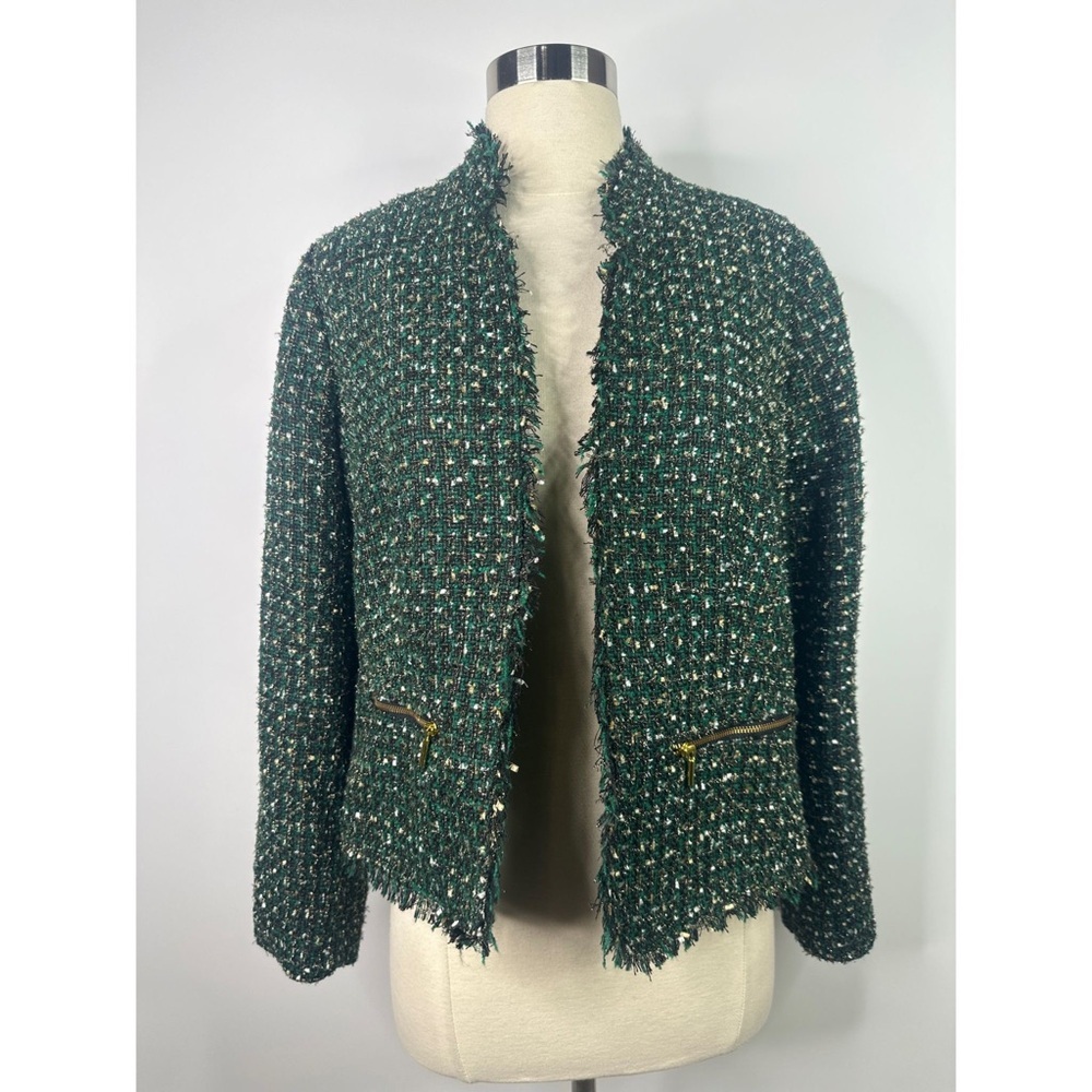 Chicos Tweed Emerald Open Front Jacket